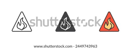 Warning flammable different style icon set. Line, glyph and filled outline colorful version, outline and filled vector sign. Warning fire symbol, logo illustration. Vector graphics