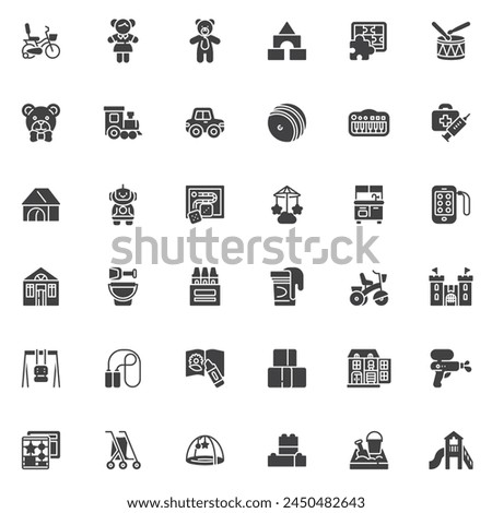 Children toys vector icons set, modern solid symbol collection, filled style pictogram pack. Signs, logo illustration. Set includes icons as  Bicycle, Teddy Bear, Doll, Building Blocks, Board Games