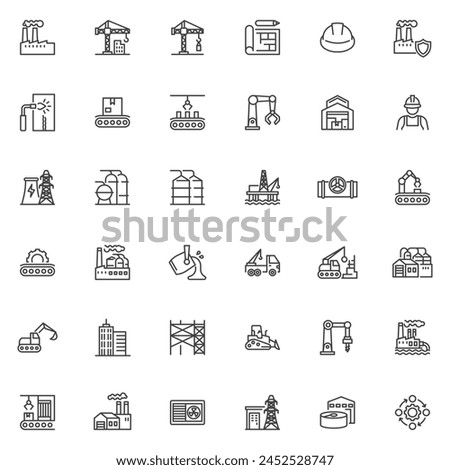 Industrial and Building line icons set. linear style symbols collection, outline signs pack. Industrial manufacturing vector graphics. Set includes icons as construction site, factory, conveyor belt