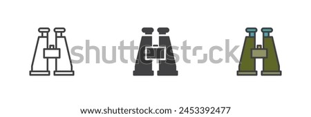 Binoculars different style icon set. Line, glyph and filled outline colorful version, outline and filled vector sign. Field glasses symbol, logo illustration. Vector graphics