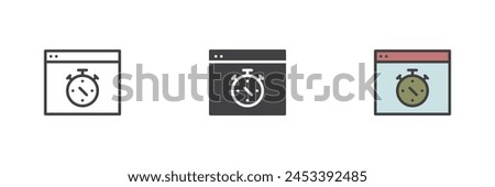 Internet speed test different style icon set. Line, glyph and filled outline colorful version, outline and filled vector sign. Web browser with stopwatch symbol, logo illustration. Vector graphics