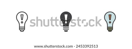 Lightbulb with exclamation mark different style icon set. Line, glyph and filled outline colorful version, outline and filled vector sign. Idea lamp symbol, logo illustration. Vector graphics