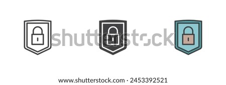 Security shield with lock different style icon set. Line, glyph and filled outline colorful version, outline and filled vector sign. Protection, privacy symbol, logo illustration. Vector graphics
