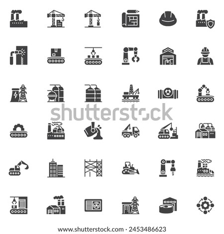 Industrial manufacturing vector icons set, modern solid symbol collection, filled style pictogram pack. Signs, logo illustration. Set includes icons as construction site, factory, conveyor belt