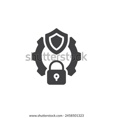 Cybersecurity Framework vector icon. Gear with shield and lock filled flat sign for mobile concept and web design. Cybersecurity control glyph icon. Symbol, logo illustration. Vector graphics
