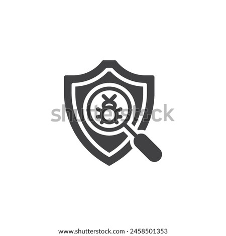 Computer virus scan vector icon. Magnifier and bug filled flat sign for mobile concept and web design. Vulnerability Assessment glyph icon. Cyber security symbol, logo illustration. Vector graphics