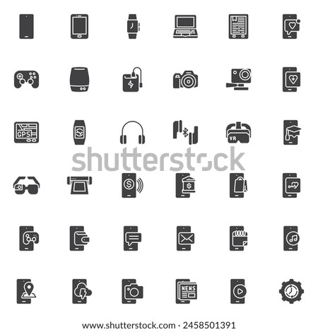 Mobile devices vector icons set, modern solid symbol collection, filled style pictogram pack. Signs logo illustration. Set includes icon - mobile phone, smartphone, tablet, laptop computer, smartwatch