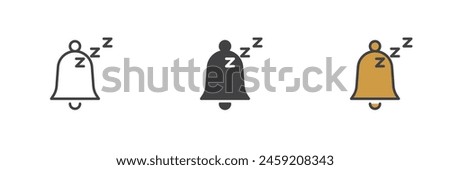 Sleeping notification bell different style icon set. Line, glyph and filled outline colorful version, outline and filled vector sign.  Alarm Snooze symbol, logo illustration. Vector graphics