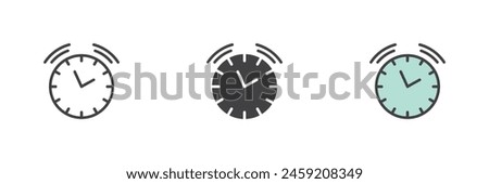 Ringing alarm clock different style icon set. Line, glyph and filled outline colorful version, outline and filled vector sign. Alarm clock symbol, logo illustration. Vector graphics