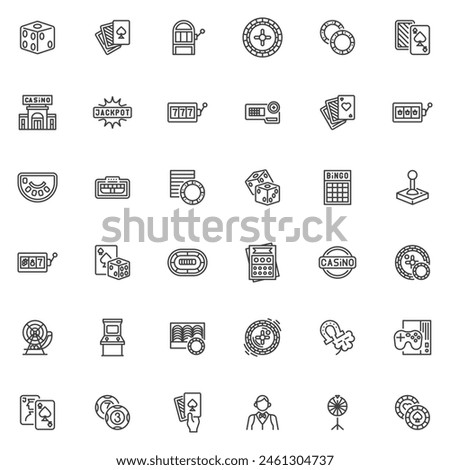 Casino and gambling line icons set. linear style symbols collection, outline signs pack. Casino games vector graphics. Set includes icons as slot machine, poker cards, lottery, bingo, roulette table