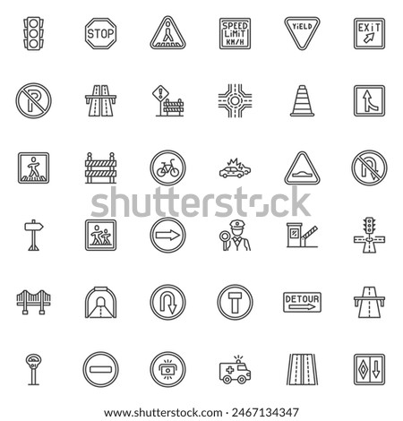 Traffic signs line icons set. linear style symbols collection, outline signs pack. Roadsign vector graphics. Set includes icons as Traffic Light, Pedestrian Crossing, Speed limit, No Parking, Highway