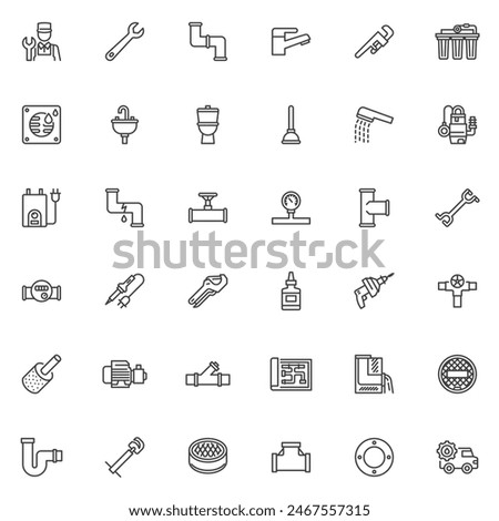 Plumbing service line icons set. linear style symbols collection, outline signs pack. Plumbing vector graphics. Set includes icons as Plumber, Wrench, Pipe, Faucet, Water Pressure Gauge, Toilet, Sink