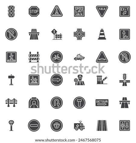 Road signs vector icons set, modern solid symbol collection, filled style pictogram pack. Signs, logo illustration. Set includes icons as Traffic Light, Pedestrian Crossing, Speed limit, No Parking