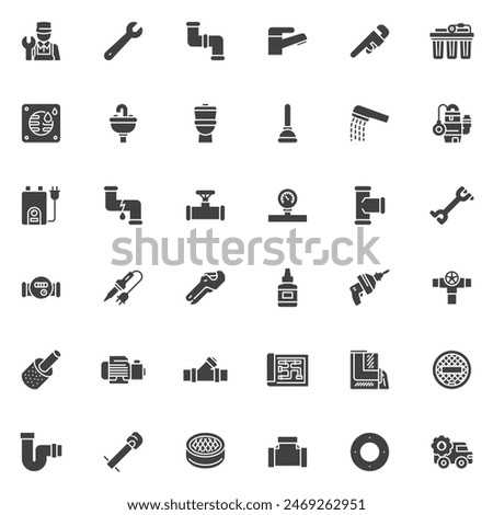 Plumbing service vector icons set, modern solid symbol collection, filled style pictogram pack. Signs logo illustration. Set includes icons as Plumber, Wrench, Pipe, Faucet, Water Pressure Gauge, Sink