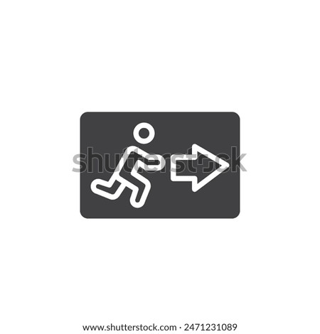 Person running towards an exit door with an arrow vector icon. filled flat sign for mobile concept and web design. Emergency Exit glyph icon. Symbol, logo illustration. Vector graphics
