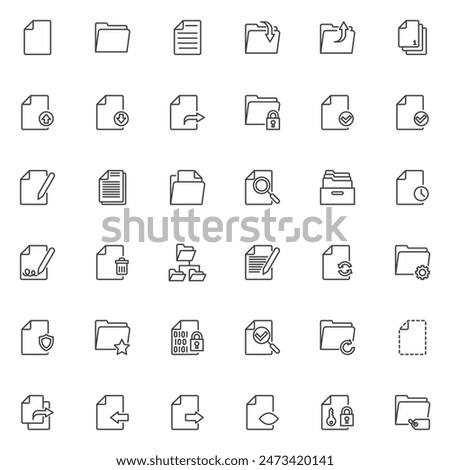 Files and folders line icons set. linear style symbols collection, outline signs pack. Document files vector graphics. Set includes icons as archive folder download, document with checkmark,