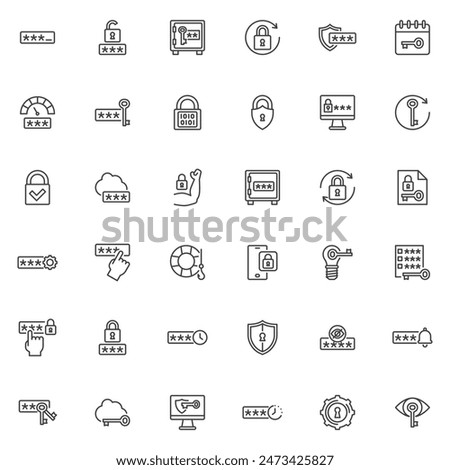 Security password line icons set. linear style symbols collection, outline signs pack. Password key vector graphics. Set includes icons as security code, protection key, encryption pin, access manager