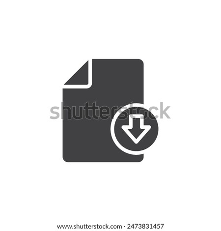 Document file with an downward arrow vector icon. filled flat sign for mobile concept and web design. File Download glyph icon. Symbol, logo illustration. Vector graphics