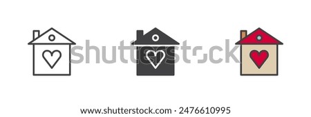 House with heart different style icon set. Line, glyph and filled outline colorful version, outline and filled vector sign. Heart home symbol, logo illustration. Vector graphics