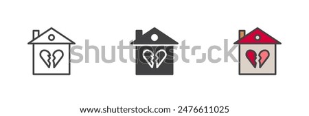 Broken family house different style icon set. Line, glyph and filled outline colorful version, outline and filled vector sign. Home with broken heart symbol, logo illustration. Vector graphics