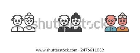 Grandparents couple different style icon set. Line, glyph and filled outline colorful version, outline and filled vector sign. Elderly people symbol, logo illustration. Vector graphics