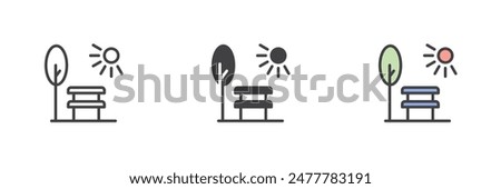 Park scene with bench tree and sun different style icon set. Line, glyph and filled outline colorful version, outline and filled vector sign. Public park symbol, logo illustration. Vector graphics