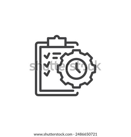 Performance Metrics line icon. linear style sign for mobile concept and web design. To do list with gear and clock outline vector icon. Symbol, logo illustration. Vector graphics