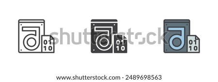 Store binary file with hard drive disk different style icon set. Line, glyph and filled outline colorful version, outline and filled vector sign. Symbol, logo illustration. Vector graphics