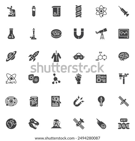 Science vector icons set, modern solid symbol collection, filled style pictogram pack. Signs, logo illustration. Set includes icons as Microscope, Test Tube, DNA Helix, Chemical Flask, Telescope