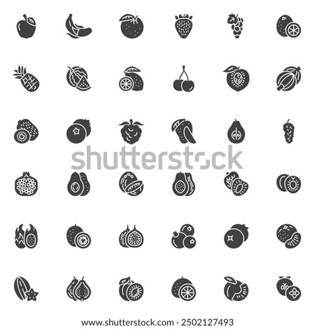 Fruits and berries vector icons set, modern solid symbol collection, filled style pictogram pack. Signs, logo illustration. Set includes icons as Apple, Banana, Orange, Strawberry, Kiwi, Pomegranate