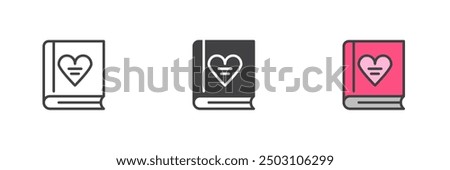 Book with heart different style icon set. Line, glyph and filled outline colorful version, outline and filled vector sign. Novel book symbol, logo illustration. Vector graphics