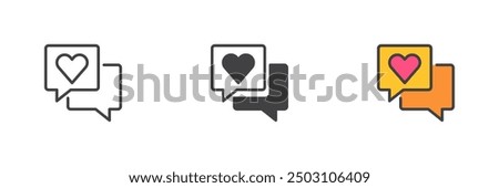 Speech bubble with heart different style icon set. Line, glyph and filled outline colorful version, outline and filled vector sign. Love message symbol, logo illustration. Vector graphics