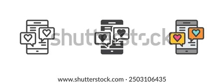 Mobile phone with love chat different style icon set. Line, glyph and filled outline colorful version, outline and filled vector sign. Phone with heart messages symbol, logo illustration. 