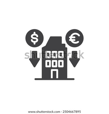 Building and money falling down vector icon. filled flat sign for mobile concept and web design. Economic Collapse glyph icon. Bankruptcy symbol, logo illustration. Vector graphics