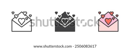 Envelope with hearts different style icon set. Line, glyph and filled outline colorful version, outline and filled vector sign. Valentine's day letter Symbol, logo illustration. Vector graphics