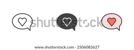 Love message different style icon set. Line, glyph and filled outline colorful version, outline and filled vector sign. Speech bubble with heart Symbol, logo illustration. Vector graphics