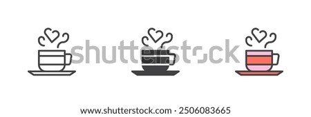 Coffee cup with heart shape steam different style icon set. Line, glyph and filled outline colorful version, outline and filled vector sign. Valentine breakfast symbol, logo illustration. 