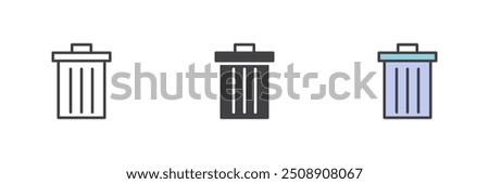 Trash can different style icon set. Line, glyph and filled outline colorful version, outline and filled vector sign. Recycle bin symbol, logo illustration. Vector graphics