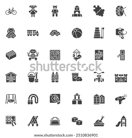 Children's toys vector icons set, modern solid symbol collection, filled style pictogram pack. Signs, logo illustration. Set includes icons as Bicycle, Doll, Teddy Bear, Puzzle, Train, Play Kitchen