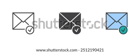 Envelope and check mark different style icon set. Line, glyph and filled outline colorful version, outline and filled vector sign. Check message symbol, logo illustration. Vector graphics