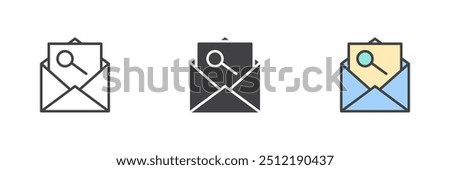 Mail search different style icon set. Line, glyph and filled outline colorful version, outline and filled vector sign. Envelope with magnifying glass Symbol, logo illustration. Vector graphics