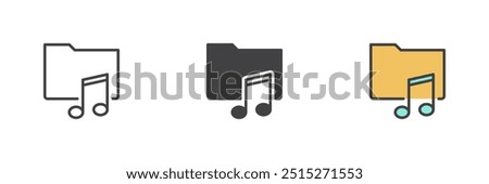 Music folder different style icon set. Line, glyph and filled outline colorful version, outline and filled vector sign. Audio media file symbol, logo illustration. Vector graphics