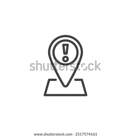 Location Alert line icon. Linear style sign for mobile concept and web design. Map pin with exclamation mark outline vector icon. Location notification symbol, logo illustration. Vector graphics