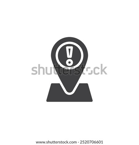 Map pin with exclamation mark vector icon. filled flat sign for mobile concept and web design. Location Alert glyph icon. Location notification symbol, logo illustration. Vector graphics