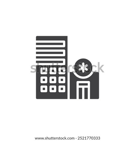 Hospital building with a medical cross vector icon. Filled flat sign for mobile concept and web design. Hospital glyph icon. Symbol, logo illustration. Vector graphics