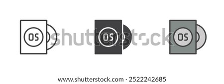 Computer operating system different style icon set. Line, glyph and filled outline colorful version, outline and filled vector sign. OS installation disc symbol, logo illustration. Vector graphics