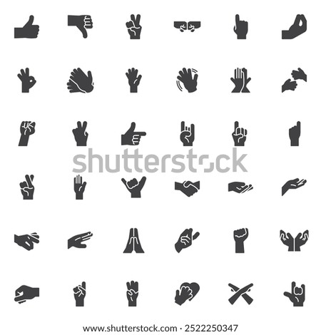 Gesturing hands vector icons set, modern solid symbol collection filled style pictogram pack. Signs logo illustration. Set includes icons as Thumbs Up, Peace Sign, Fist Bump, Handshake, Finger Crossed