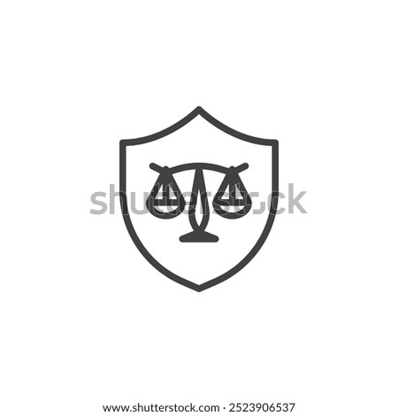 Legal Shield line icon. linear style sign for mobile concept and web design. Shield with scales outline vector icon. Legal protection or defense symbol, logo illustration. Vector graphics