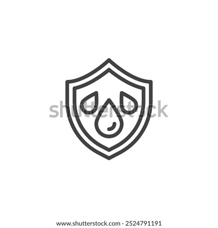 Water Protection line icon. linear style sign for mobile concept and web design. Shield with water droplets outline vector icon. Symbol, logo illustration. Vector graphics