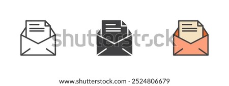 Open envelope, email different style icon set. Line, glyph and filled outline colorful version, outline and filled vector sign. Message receive symbol, logo illustration. Vector graphics